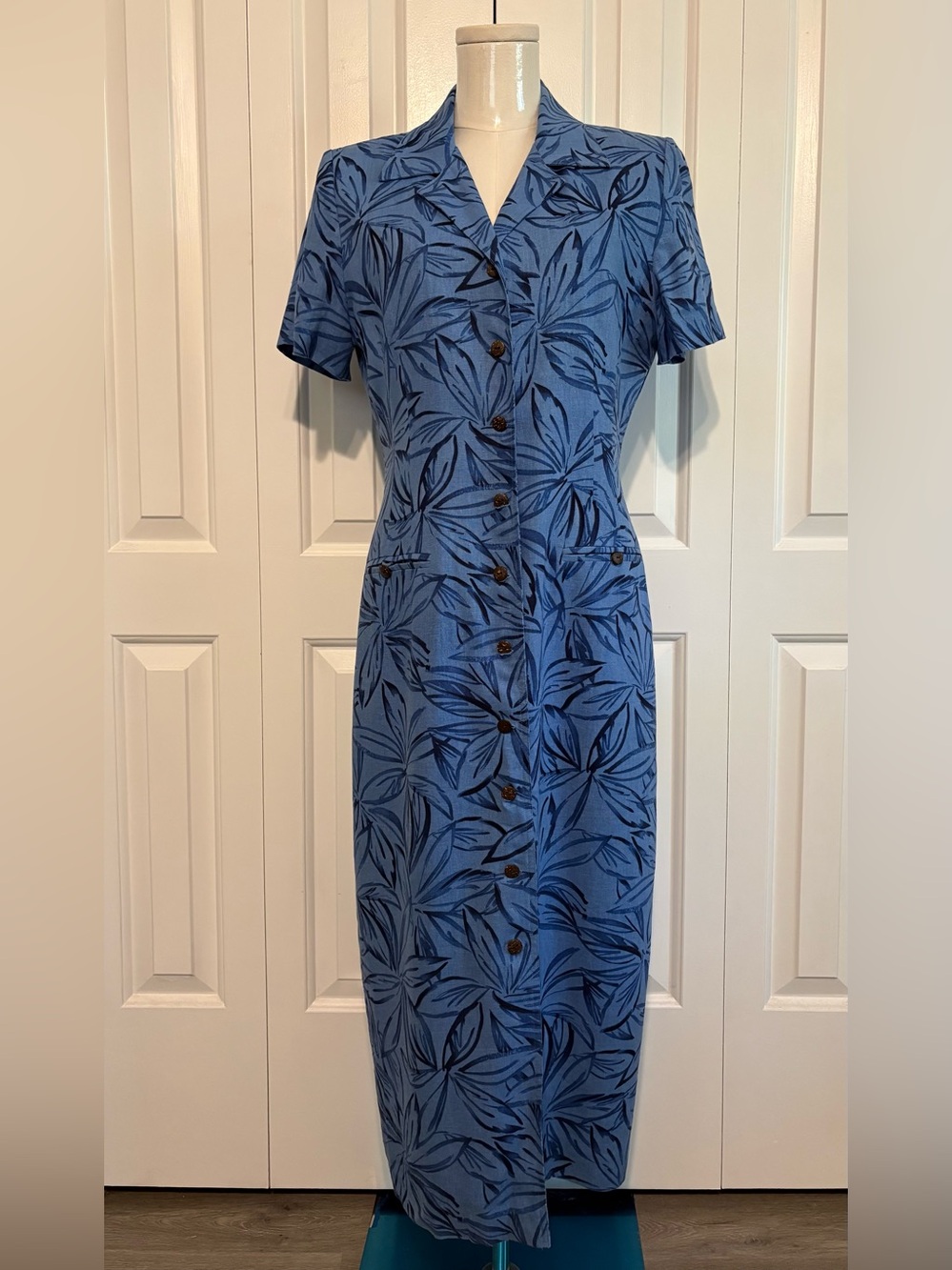 POSITIVE ATTITUDE Blue Short-Sleeve Button-Front Dress w/Floral Print, Size 10P